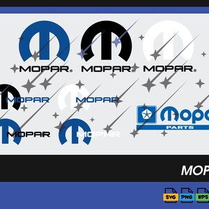 Könnte beinhalten: Eine Sammlung von Mopar-Logos in Blau, Schwarz und Weiß, mit dem Wort "MOPAR" in verschiedenen Stilen. Die Logos befinden sich vor einem hellgrauen Hintergrund mit Stern- und Kometengrafiken. Das Wort "MOPAR" wird auch unten angezeigt.
