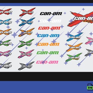 Könnte beinhalten: Eine Sammlung von Can-Am-Aufklebern in verschiedenen Farben, darunter Rot, Blau, Orange, Grün, Rosa und Grau. Die Aufkleber zeigen das Can-Am-Logo und ein stilisiertes X-Design, wobei einige das Wort "TEAM" enthalten.