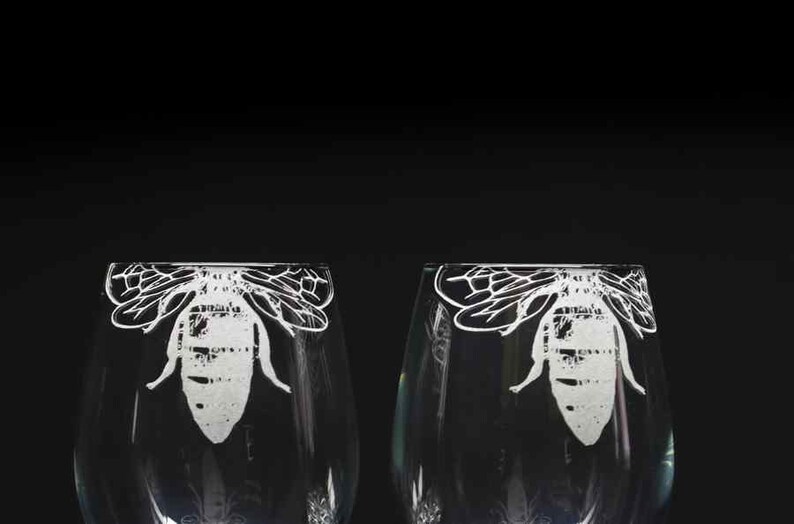 Etched Wine Glasses / Set of two Honey Bee Etsy