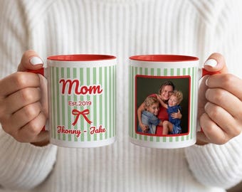 Striped Photo Frame Mug, Personalized Photo Mug for Mom, Custom Picture Mug with Kids Names, Est Mom, Gift from Kids, Mother's Day Gift