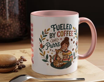 Coffee and Purrs | Mug Personalized Name Accent Coffee Mug | Funny Cat Lady Gift | Custom Cat Lover Mug | Cat Lover Gift | Cat Cup Cat Mom