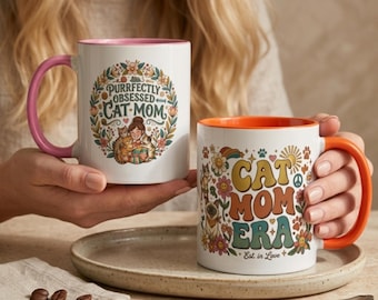 Cat Mom Era Mug – Retro Groovy |Cat Mom Gift Mug Personalized Name Accent Coffee Mug | Floral Cat Lover Coffee Cup, Best Cat Mom