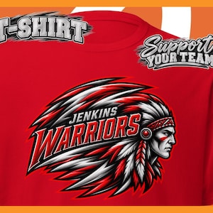 May include: A bright red t-shirt featuring a graphic of a warrior wearing a feathered headdress in red, white, and black. The text "JENKINS WARRIORS" is printed in bold red and white letters. Additional text includes "T-SHIRT" and "SUPPORT YOUR TEAM".