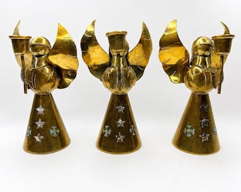 Vintage Brass Angel Candle Holders Set of 3 Abalone Inlay Mexico 4 Inch