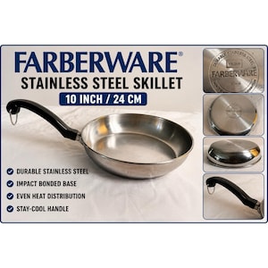 Può includere: Una padella in acciaio inossidabile Farberware con un diametro di 24 cm. La padella presenta un manico nero che rimane freddo con un occhiello in metallo per appenderla e una base a fondo termico. Il testo sull'immagine recita Farberware Stainless Steel Skillet 10 Inch / 24 CM.