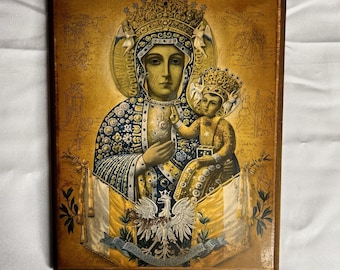 Vintage Polish Black Madonna Our Lady of Czestochowa Wood Icon Plaque 8x10