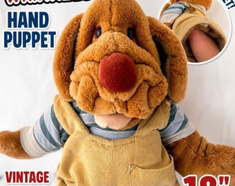 Wrinkles Dog Hand Puppet Vintage 1980s Bulldog Plush 18" w Overalls Toy