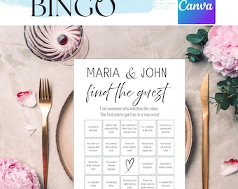 May include: A wedding-themed bingo game card with the text "find the guest" in elegant script. The card features a grid of clues, a gold fork, knife, and a glass of wine, with pink flowers. The template is editable.