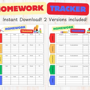 May include: Two homework tracker templates with the words "Homework Tracker" in the image. One template is labelled with subjects like ELA, Science, and Math. The other template is labelled with days of the week.
