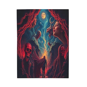 May include: A digitally painted blanket featuring a surreal, gothic scene. The artwork depicts a figure walking towards a bright light, surrounded by skulls, figures, and a demonic creature. The color palette is dominated by reds, blues, and yellows.