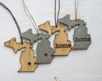 Michigan Outline Ornament | Rustic Wood | Heart Home | Michigan Love | Etched | Laser Cut