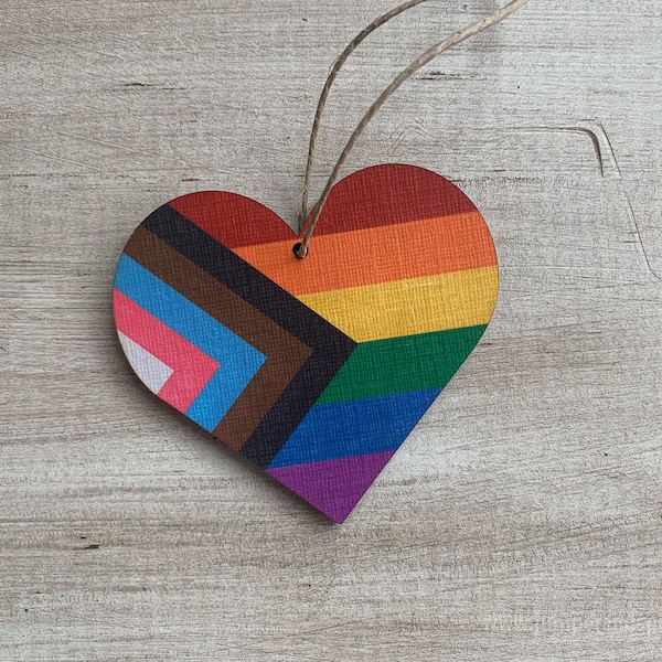 Inclusive Pride Heart Ornament LGBTQ Rustic Wood Love Engraved Laser Cut Custom Personalized Gift