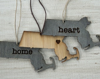 Massachusetts Outline Ornament | Rustic Wood | Heart Home | Massachusetts Love | Etched | Laser Cut