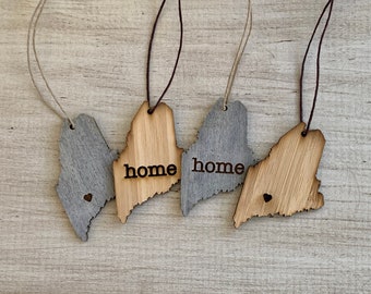Maine Outline Ornament | Rustic Wood | Heart Home | Maine Love | Etched | Laser Cut