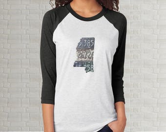 Mississippi Raglan T-Shirt | Adult Unisex Tee Shirt Vintage License Plate Art | Mississippi State Outline Art | Gift | State Pride Clothing