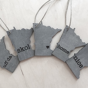 Minnesota Outline Ornament | Rustic Wood | Heart Home Skol Uff Da Ope Nice | Minnesota Love | Etched | Laser Cut
