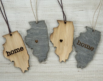 Illinois Outline Ornament | Rustic Wood | Heart Home | Illinois Love | Etched | Laser Cut