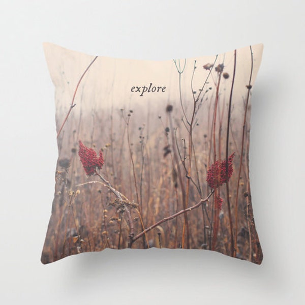 Pillow Cover 18x18 Super Soft Velveteen | Explore | Nature | Decorative Photo Throw Pillow | Red Brown White | Home Decor | Adventure