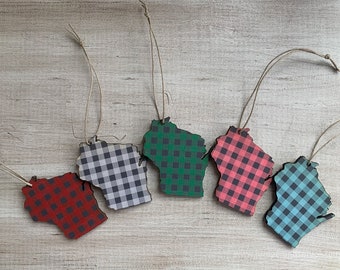 Wisconsin Outline Ornament | Rustic Wood | Buffalo Plaid | Wisconsin Love | Etched | Laser Cut | Personalized