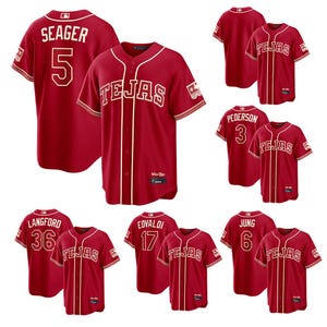 May include: A collection of red baseball jerseys with white accents. The jerseys feature the word "TEJAS" across the chest and player names and numbers on the back, including "SEAGER 5", "PEDERSON 3", "LANGFORD 36", "EOVALDI 17", and "JUNG 6".