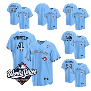 Camiseta personalizada azul de los Toronto Blue Jays de la Serie Mundial 2025, con nombre y número bordados a medida, ideal como regalo para hombres, niños y aficionados al béisbol.
