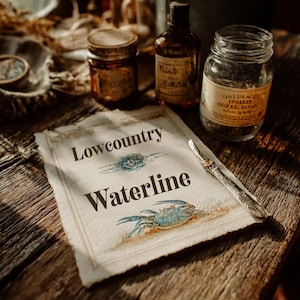 May include: A rustic still life featuring a paper with the words "Lowcountry Waterline" and a blue crab illustration. Several antique jars and bottles with aged labels are arranged on a wooden surface, alongside a silver pen.