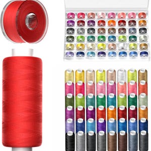 May include: A collection of sewing supplies, including a large spool of red thread, two red bobbins, a clear plastic case filled with colorful bobbins, and a variety of thread spools in various colors. The image showcases a range of sewing essentials.