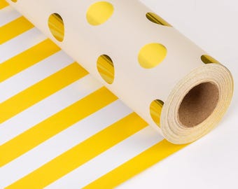 Gift Wrapping Paper Roll Luxury Yellow Reversible Metallic Foil Gold Polka Dot with Stripe Design Gift Wrap for Birthday, Baby Shower,