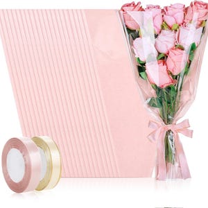 50PCS Flower Bouquet Wrapping Paper with Ribbon, Pink Kraft Flower Sleeves for Bouquets, Floral Packing Bags Bulk for Valentine's Day
