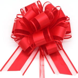 May include: A vibrant red decorative bow constructed from a combination of solid satin ribbon and sheer, translucent mesh ribbon. The bow features multiple layered loops and two long, angled tails extending downward from the center.