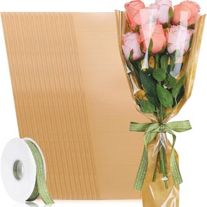 50PCS Flower Bouquet Wrapping Paper with Ribbon, Kraft Flower Sleeves for Bouquets, Brown Floral Packing Bags Bulk for Valentine's Day