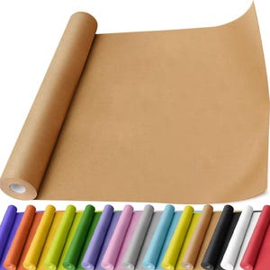 May include: A roll of brown craft paper with a sheet unfurled, alongside a row of colorful rolls of paper in various shades. The craft paper is a light brown color, and the other rolls include purple, orange, yellow, green, and more.