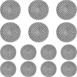 May include: A collection of silver-colored, circular decorative elements. Each element features a spiral design with a textured, chain-like pattern. The elements are arranged in a grid against a white background.