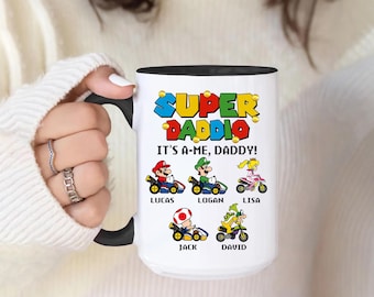 Personlig Super Daddio-mugg, personlig pappapresent, mugg med barnnamn i Mario Kart-stil