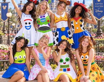 Toy Story kostuum, wikkeljurk van jersey, bijpassende Halloween cosplay outfit, Bo Peep Jessie Buzz Woody Forky groepskostuum voor dames