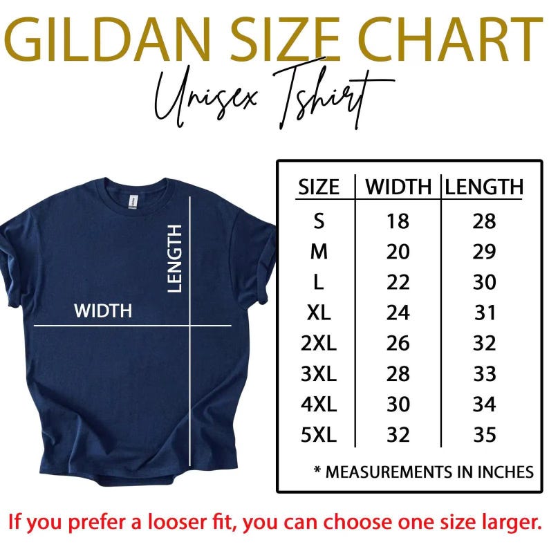 Puede incluir: Camiseta unisex azul marino con una tabla de tallas. La tabla muestra las medidas en pulgadas para las tallas S a 5XL. El texto dice "GILDAN SIZE CHART Unisex Tshirt".