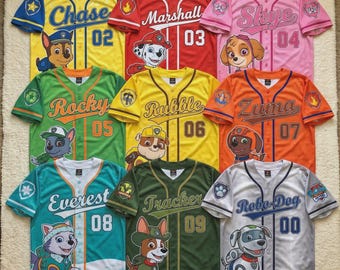 Camiseta personalizada de la Patrulla Canina – Camiseta de béisbol infantil personalizada con Chase, Marshall, Skye y más – Regalo de cumpleaños o para el equipo
