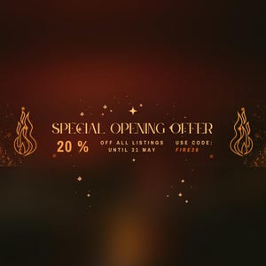 May include: A promotional graphic with a dark brown gradient background. The text "SPECIAL OPENING OFFER" is displayed in gold, along with "20% OFF ALL LISTINGS UNTIL 31 MAY" and "USE CODE: FIRE26". Decorative flame icons flank the text.