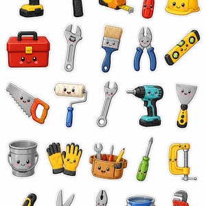 Peut inclure: Une collection de vingt-cinq autocollants individuels représentant des outils de construction de style dessin animé, chacun avec un visage souriant. Les articles incluent une perceuse, un marteau, un mètre ruban, un tournevis, un casque, une boîte à outils, une clé, un pinceau, une pince, un niveau, une scie, un rouleau, un couteau à mastic, un seau, des gants, une ceinture porte-outils, un serre-joint, un cutter, des ciseaux et un pot de peinture.