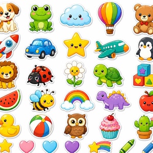 May include: A collection of colorful cartoon stickers featuring various animals, objects, and food items. Includes a puppy, frog, cloud, hot air balloon, teddy bear, rocket, car, star, airplane, penguin, lion, ladybug, flower, turtle, blocks, watermelon, bee, rainbow, dinosaur, apple, duck, ball, owl, cupcake, cactus, and more.