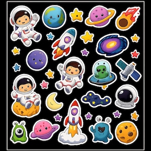 May include: A collection of colorful space-themed stickers on a black background. The stickers include astronauts, planets, rockets, stars, a crescent moon, a satellite, and aliens. The illustrations have a cartoon style.