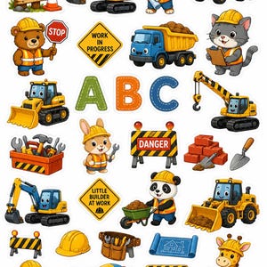 Puede incluir: Una colección de pegatinas con temática de construcción que incluye animales de dibujos animados con cascos, excavadoras amarillas, camiones volquete, hormigoneras, señales con texto como BUILD DREAMS BIG, DANGER y herramientas.
