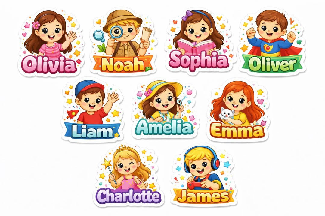 Personalized Cartoon Name Stickers – Kids Reward Labels (printable A4 ...
