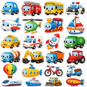 May include: A collection of twenty-four cartoon vehicle stickers featuring a blue car, red fire truck, yellow school bus, police car, airplane, helicopter, train, sailboat, taxi, ambulance, rocket, garbage truck, cement mixer, excavator, dump truck, tractor, hot air balloon, submarine, bicycle, scooter, train, cruise ship, bulldozer, and blimp.