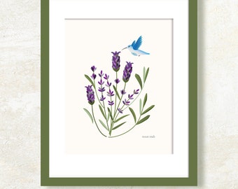 Hummingbird & Lavender Garden Giclée Art Print  | Flowers | Floral Poster | Floral Print | Birds | Botanical