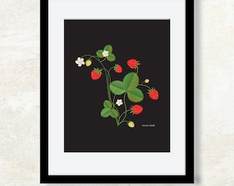 Strawberry Botanical Art Print: Summer Fruit Giclee Illustration