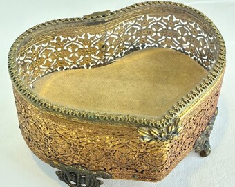 Vintage Gold Tone Heart Shaped Jewelry Box Ormolu Filigree Glass Lid Footed