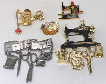 Vintage Sewing Brooch Pin Lot JJ AJC Avon Sewing Machine Scissors Thimble 5pc
