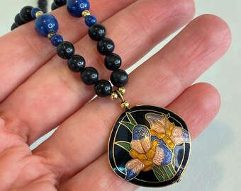 Vintage Cloisonne Necklace Enamel Iris Gold Tone Pendant Black Blue Stone Beads