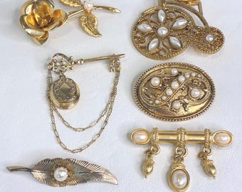 Vintage Brooch Lot Gold Tone Faux Pearl Rose Key Locket Bicycle 6 Piece Set